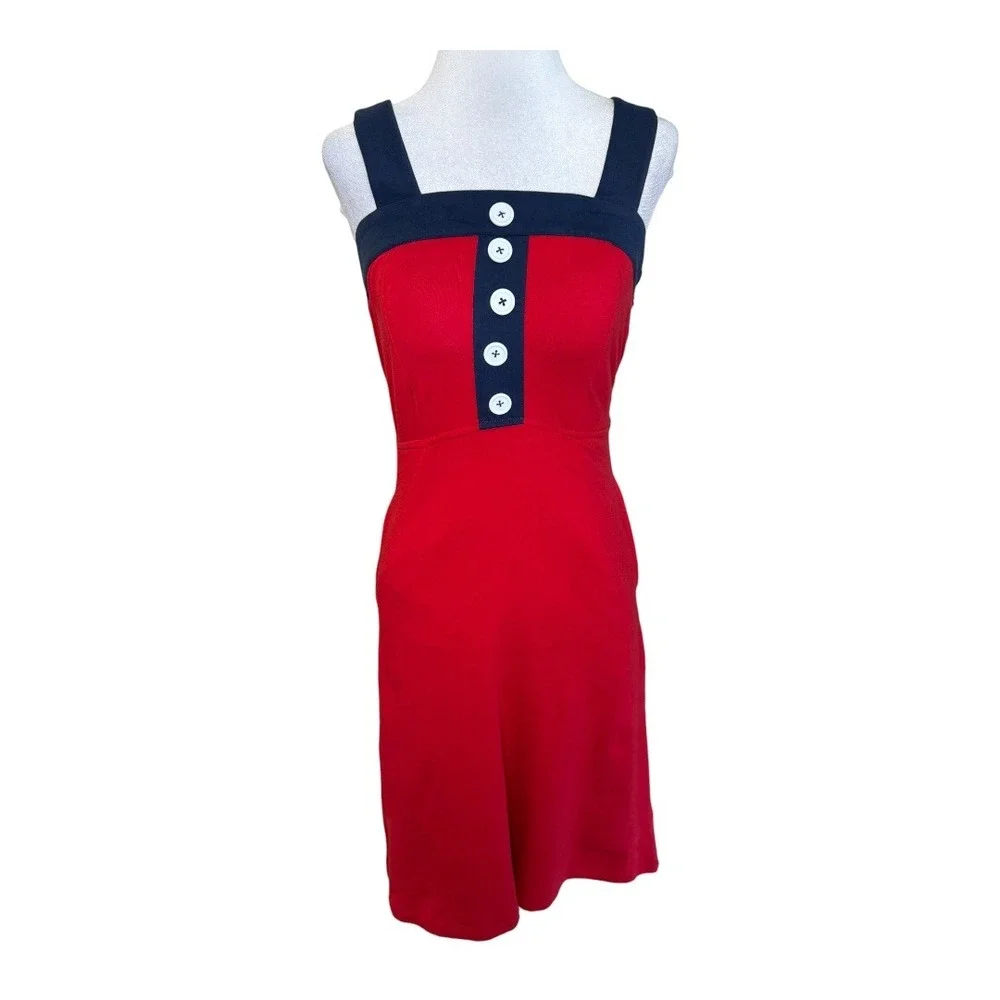 eShakti Red‎ Navy Nautical Button Strap A Line Dress Size 0